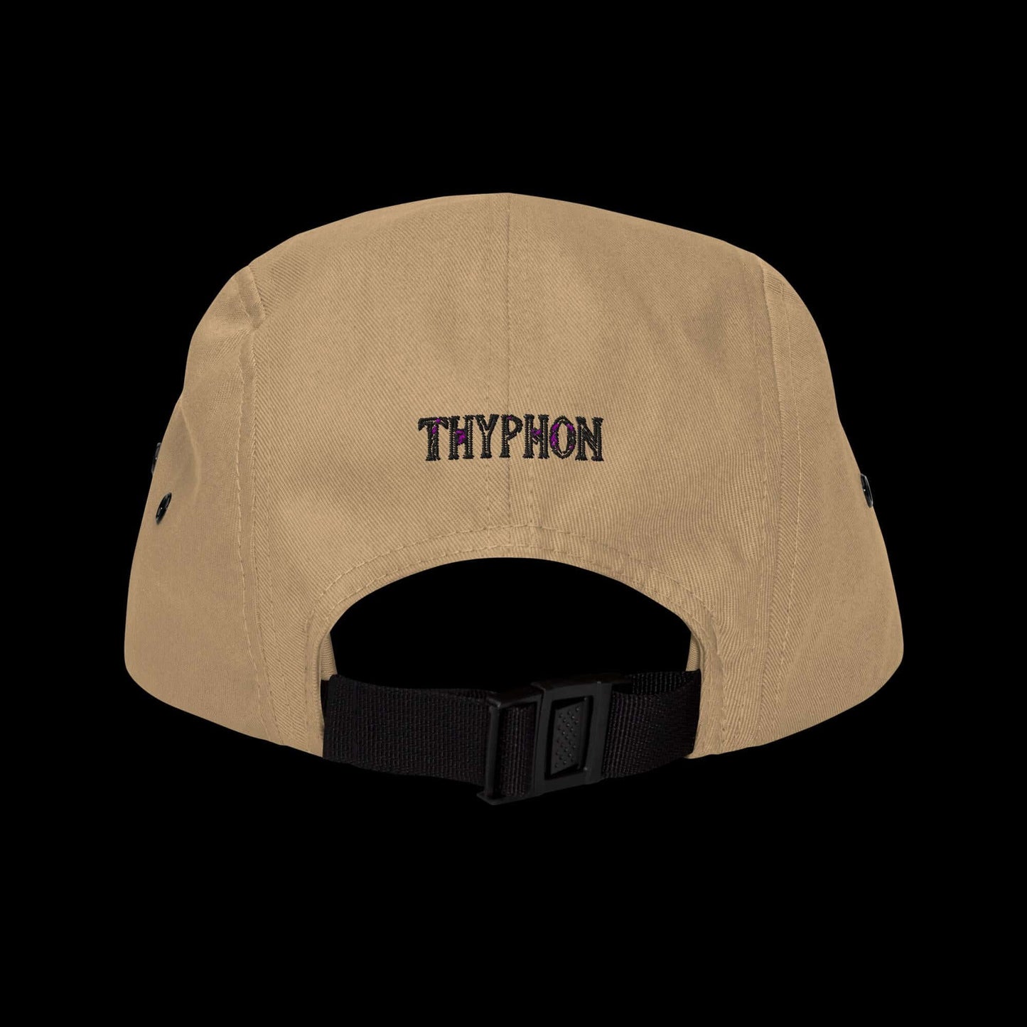 Back view of a five panel cap in tan color with THYPHON embroidery and nylon strap clip closure.