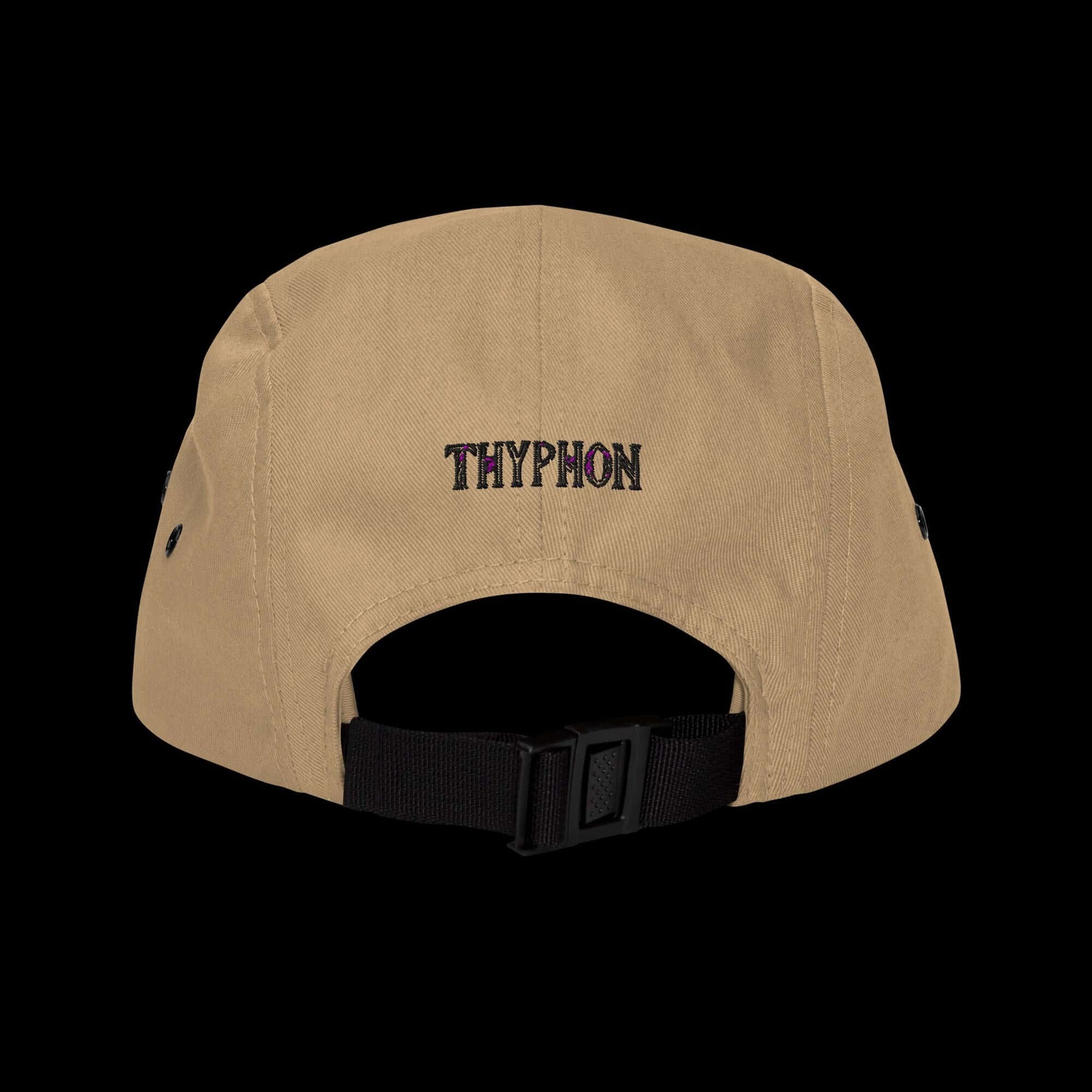 Back view of a five panel cap in tan color with THYPHON embroidery and nylon strap clip closure.