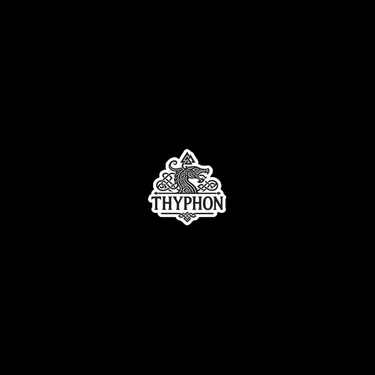 Thyphon logo design featuring a stylized lion with intricate patterns on a black background.