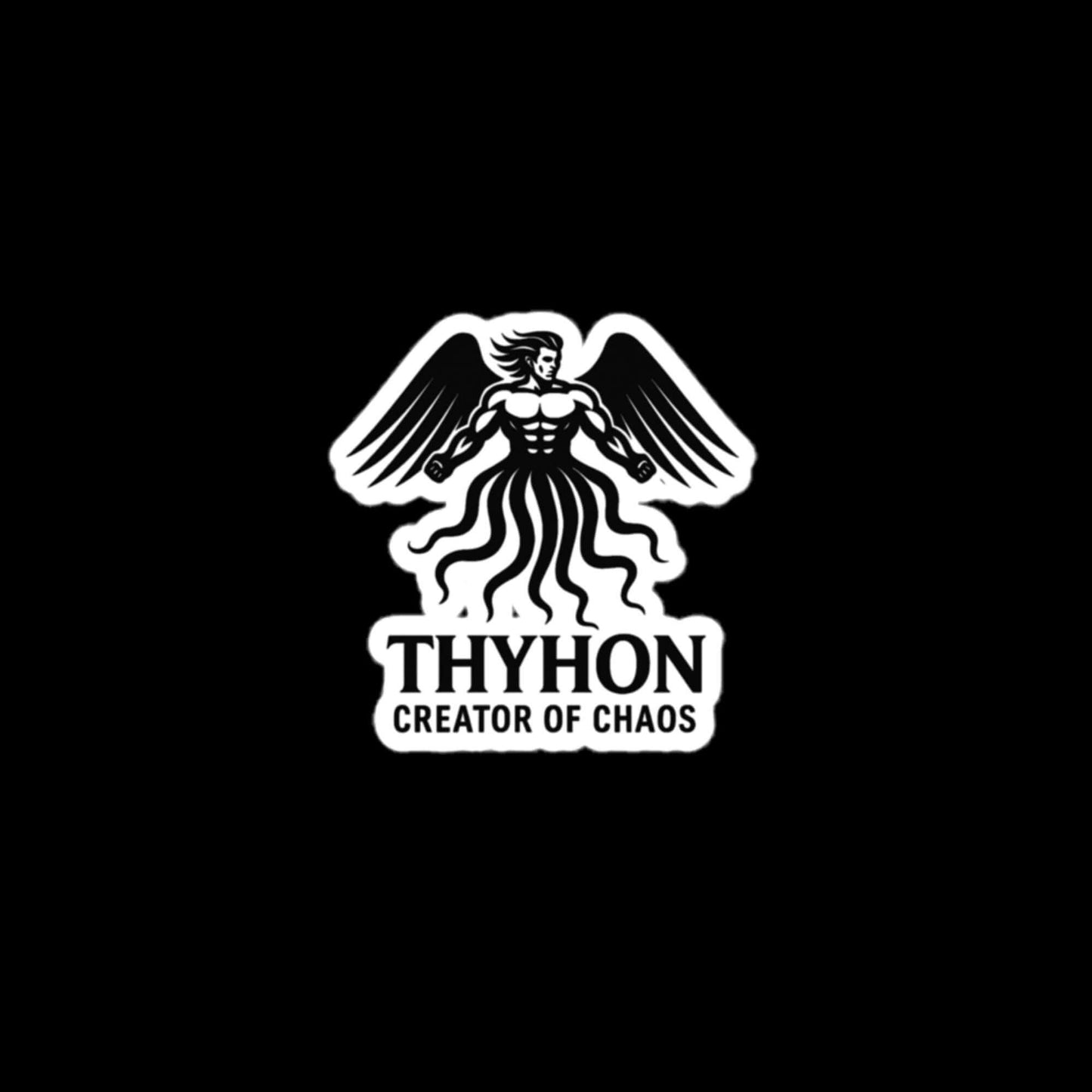 Thyhon Creator of Chaos sticker design featuring a powerful figure with wings and flowing hair on a black background.