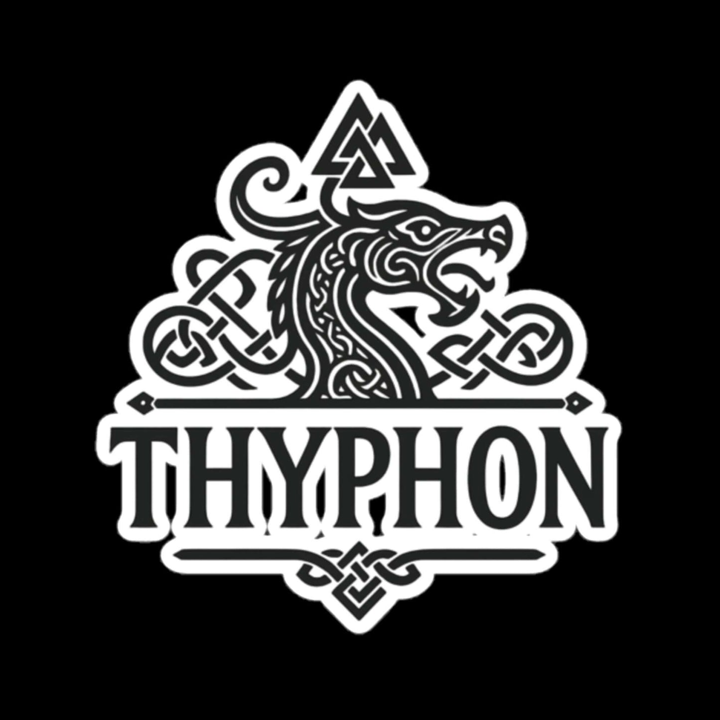 Thyphon logo featuring a dragon and intricate knotwork on a black background.