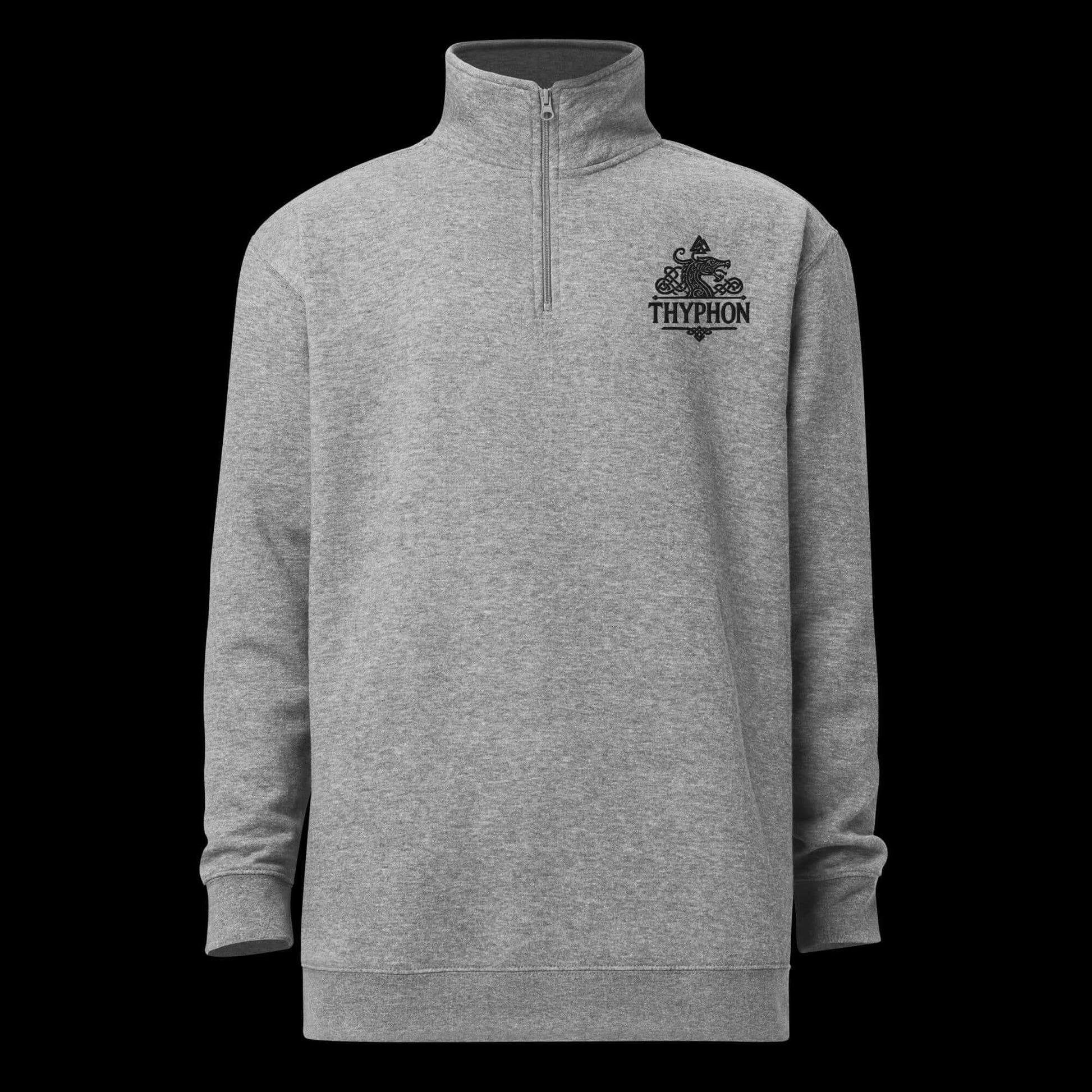 Unisex carbon grey fleece pullover with zip collar and Thython logo, perfect for chilly days and casual wear.